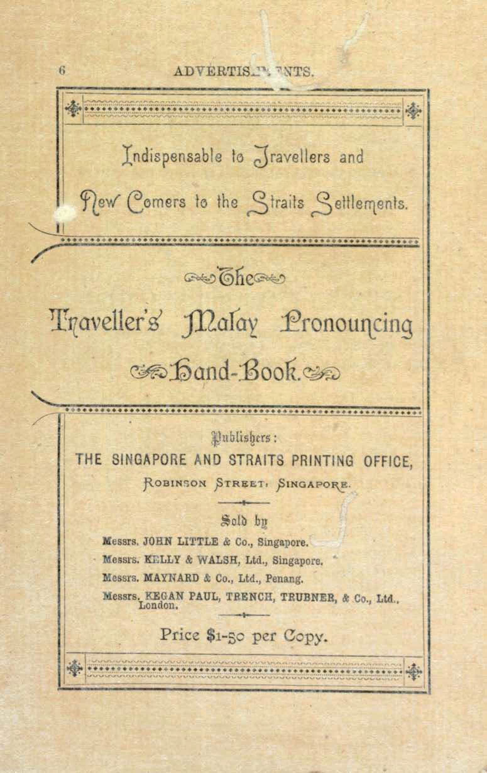 Advertisement for a popular book on Malay vocabulary (Reith, 1892, Advertisements, p. 6).